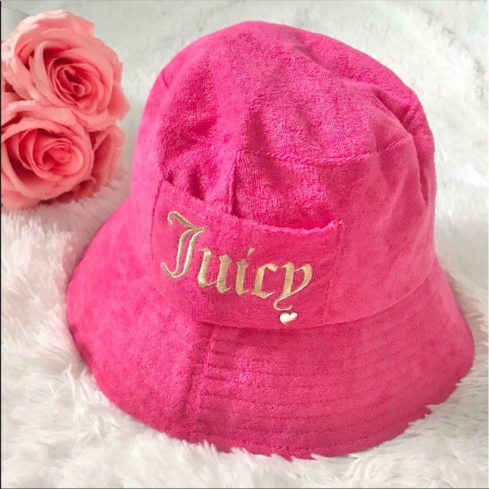 Juicy Couture Hot Pink Terry Cloth Bucket Hat with Gold Embroidery